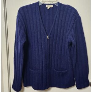 J Crew Front Zip Cable Knit 100%‎ Wool Chunky Knit Cardigan Sweater Blue Vtg Med